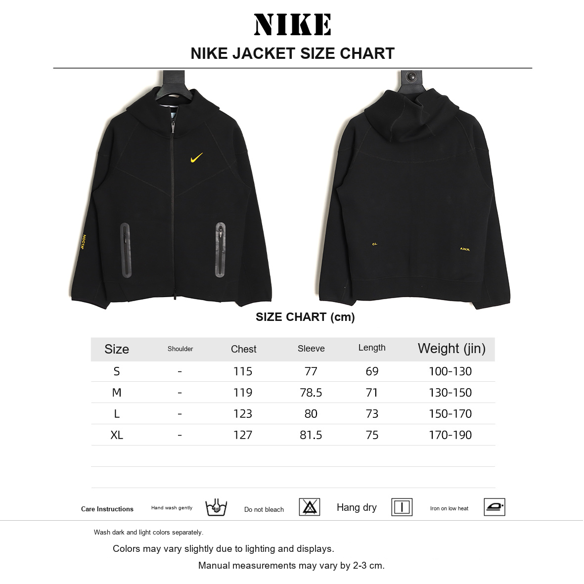 Nike x NOCTA Tech Fleece Zip Hooded Jacket – Black and Gold - size chart
