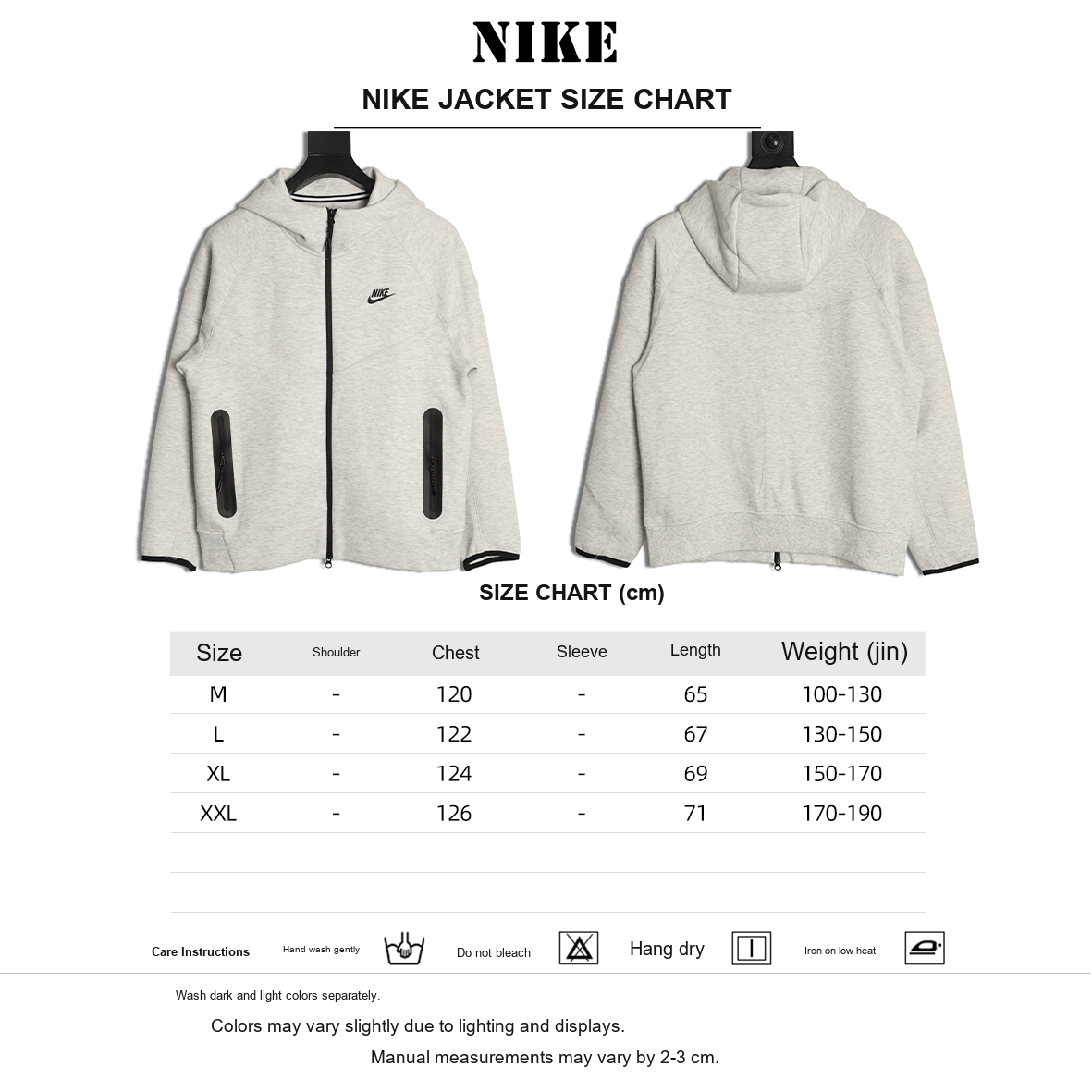 Nike Tech Fleece Windrunner Hooded Jacket – Light Gray - size chart