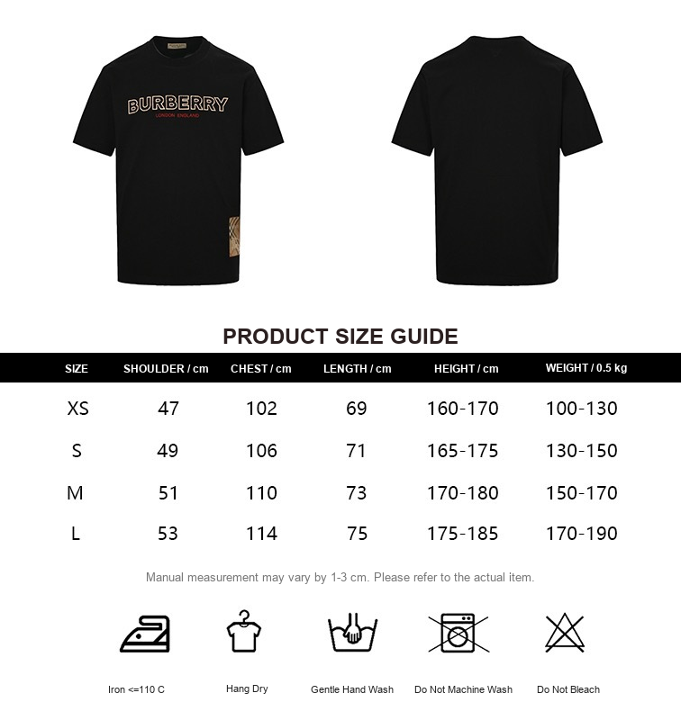 Burberry Letter Logo Embroidered T-Shirt - size chart