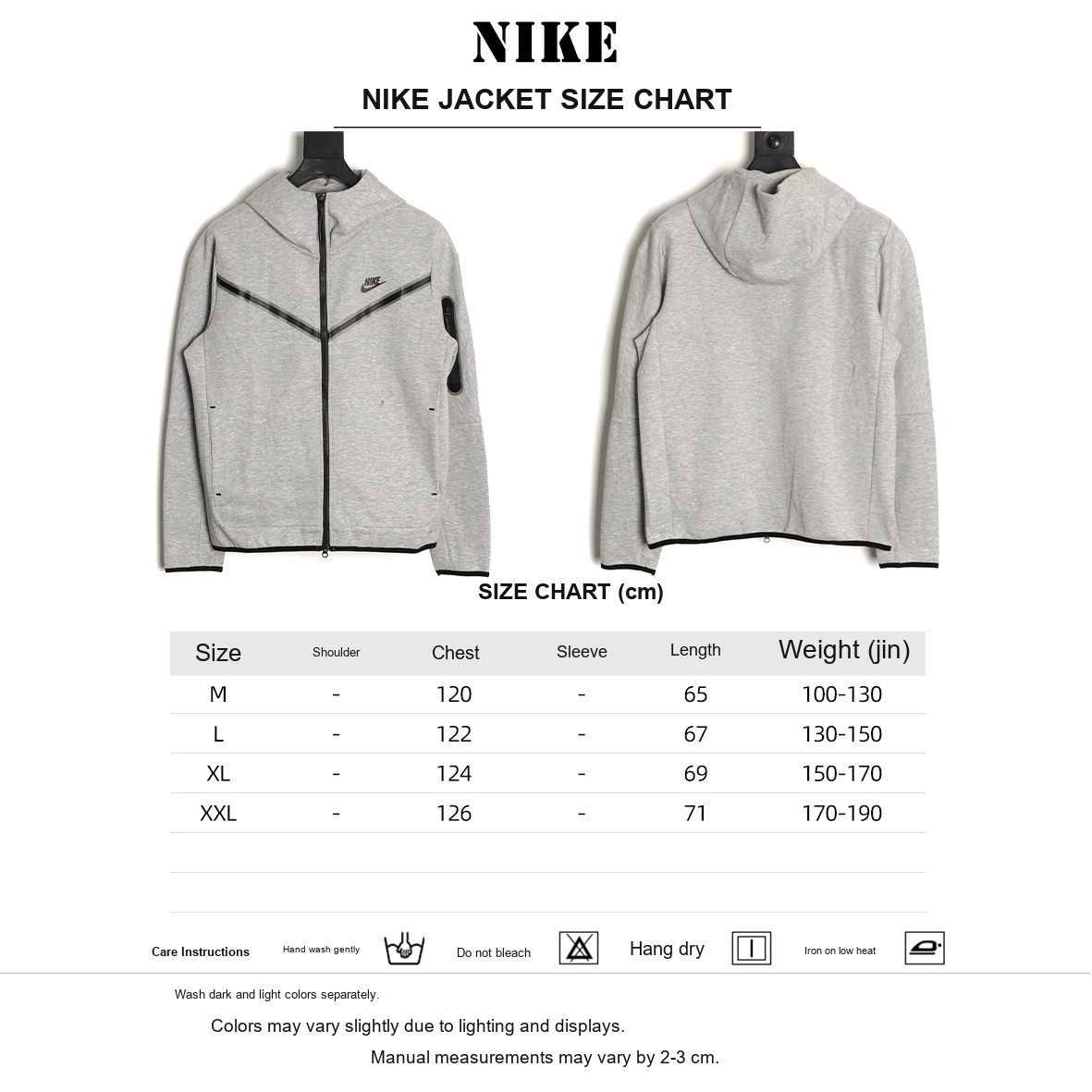 Nike Tech Fleece Windrunner Hooded Jacket – Light Gray - size chart