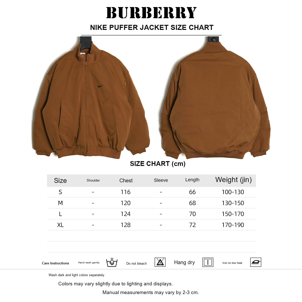 Nike Small-Logo Puffer Jacket – Brown - size chart