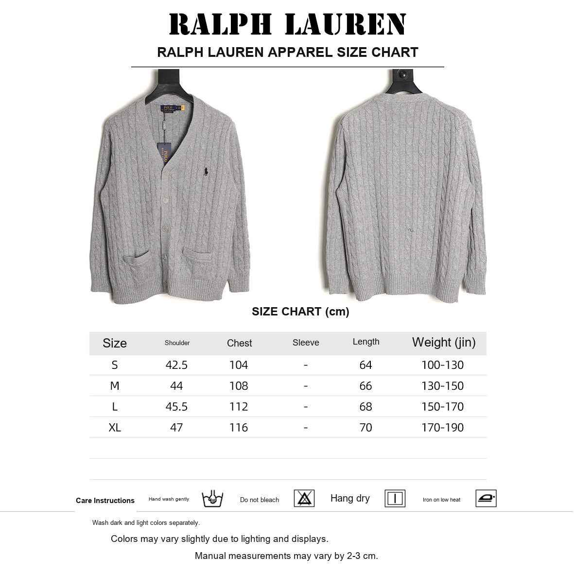 Ralph Lauren Cable-Knit Button Cardigan – Gray - size chart