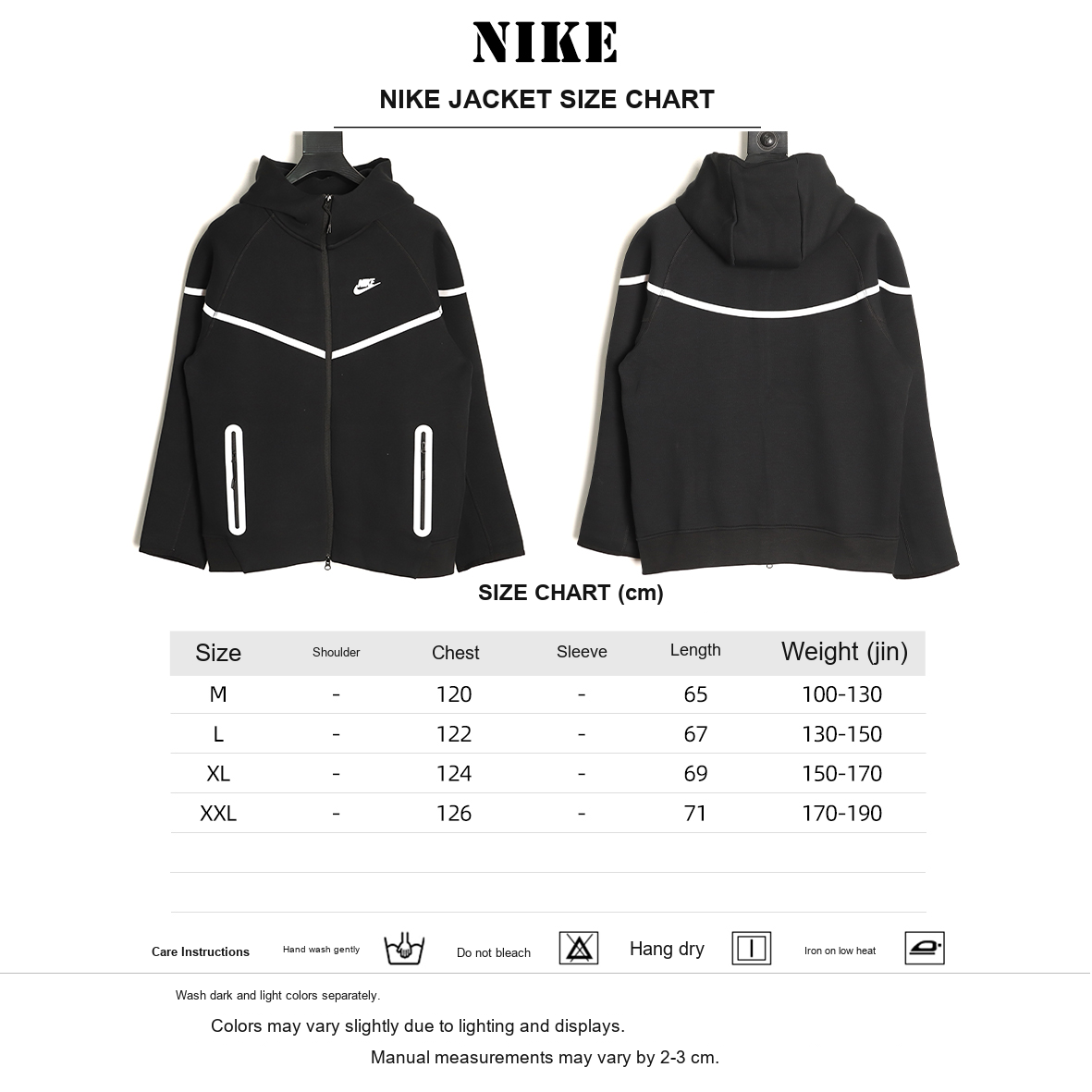 Nike Tech Fleece Windrunner Hooded Jacket – Black and White - size chart