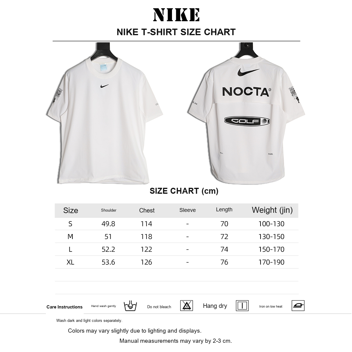 Nike x NOCTA Golf Crewneck T-Shirt – White - size chart