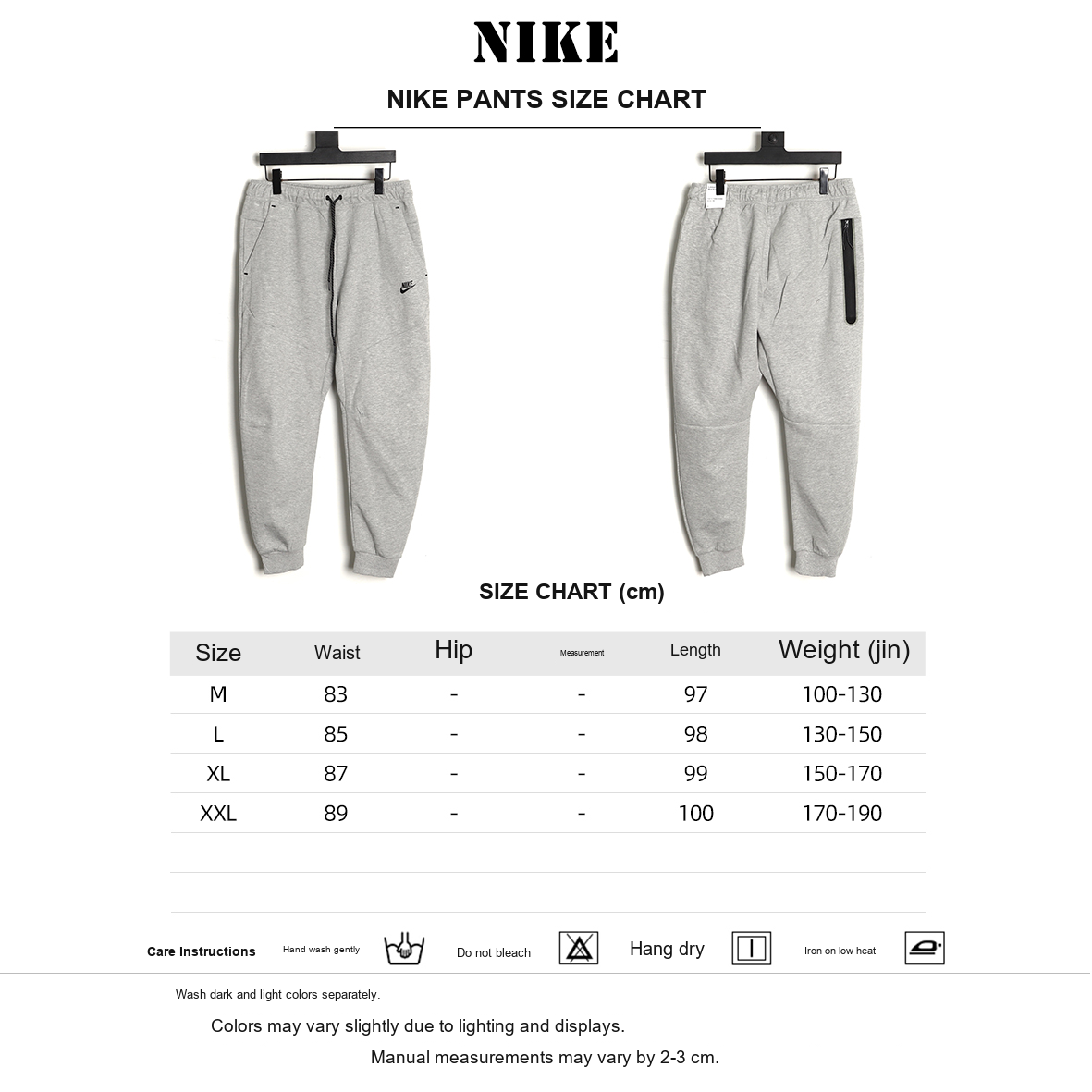 Nike Tech Fleece Windrunner Logo Pants – Light Gray - size chart