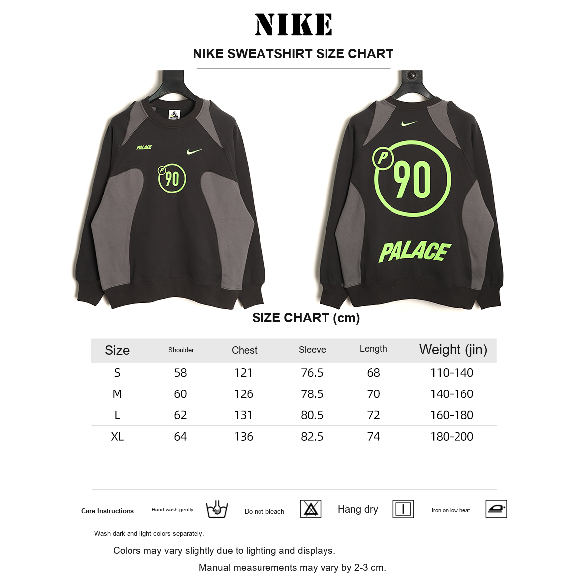 Nike x Palace P90 Graphic Sweatshirt – Black and Gray - size chart