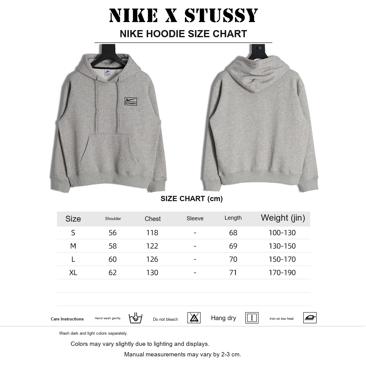 Nike x Stussy Embroidered Fleece Hoodie – Light Gray - size chart