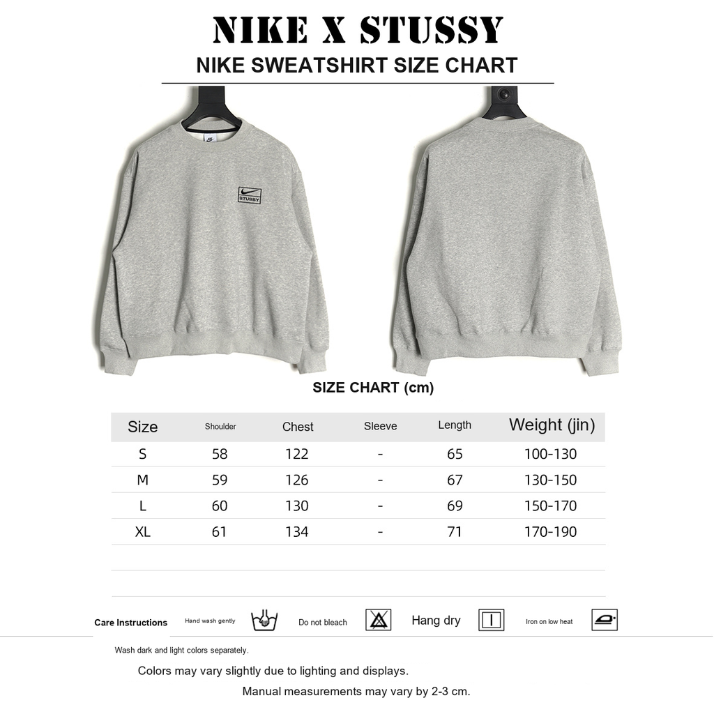 Nike x Stussy 23SS Embroidered Fleece Sweatshirt – Gray - size chart