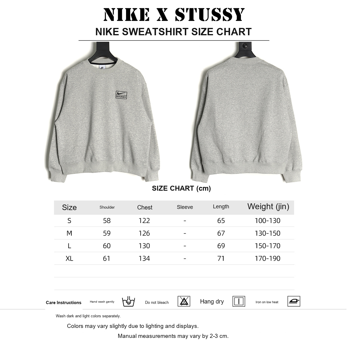 Nike x Stussy 23SS Embroidered Fleece Sweatshirt – Gray - size chart