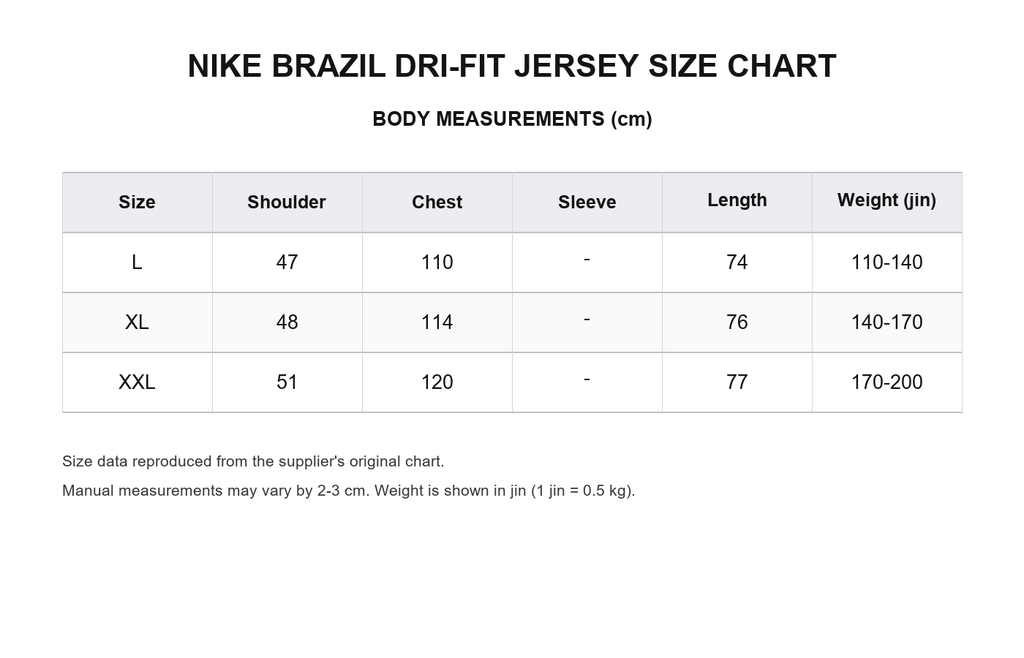 Nike Brazil Dri-FIT 2026 Home Jersey – Yellow - size chart
