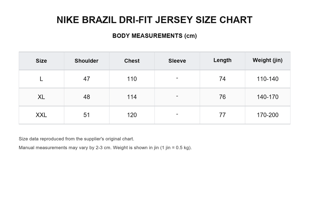 Nike Brazil Dri-FIT 2026 Home Jersey – Yellow - size chart