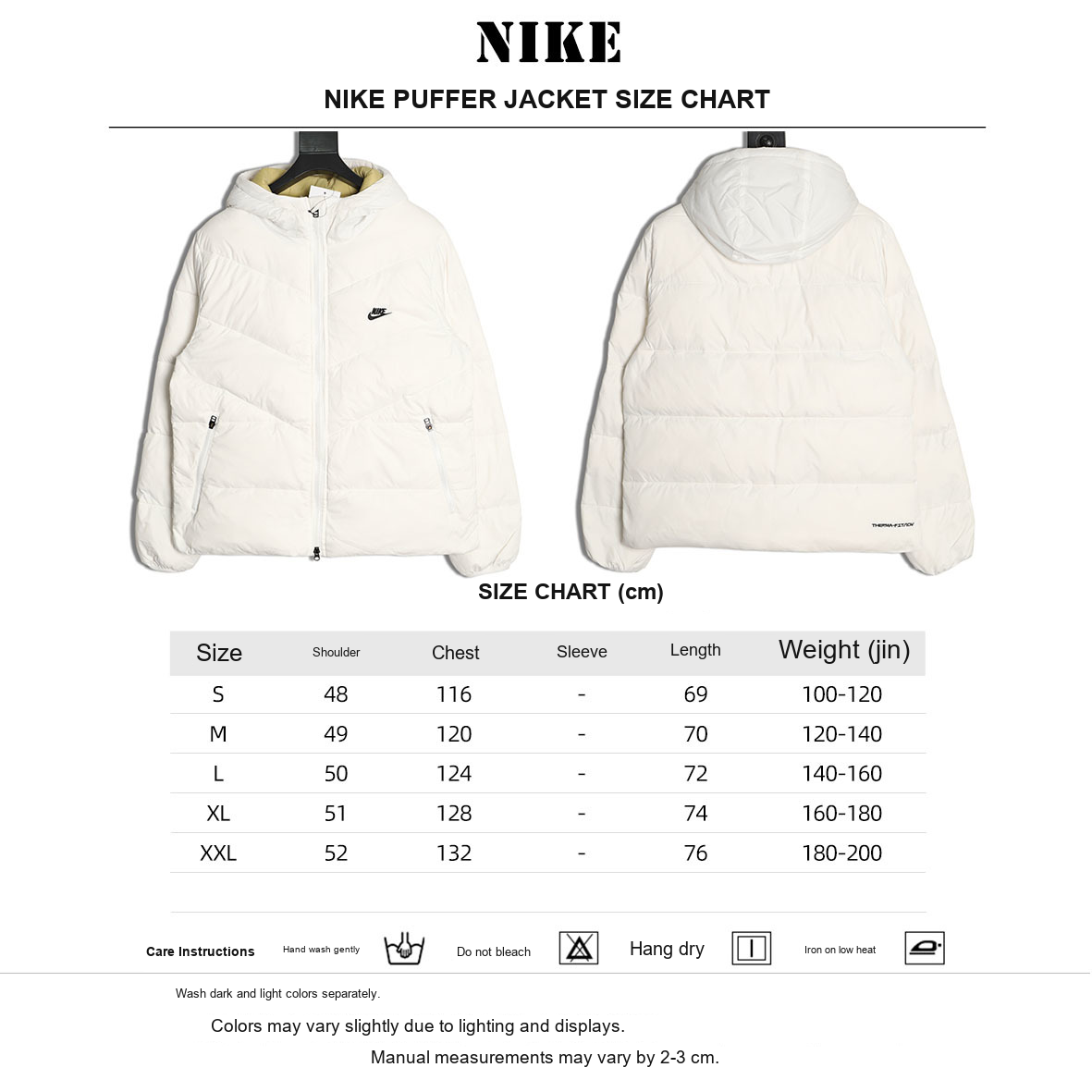 Nike Windrunner 2025 Lightweight Hooded Puffer Jacket – White - size chart