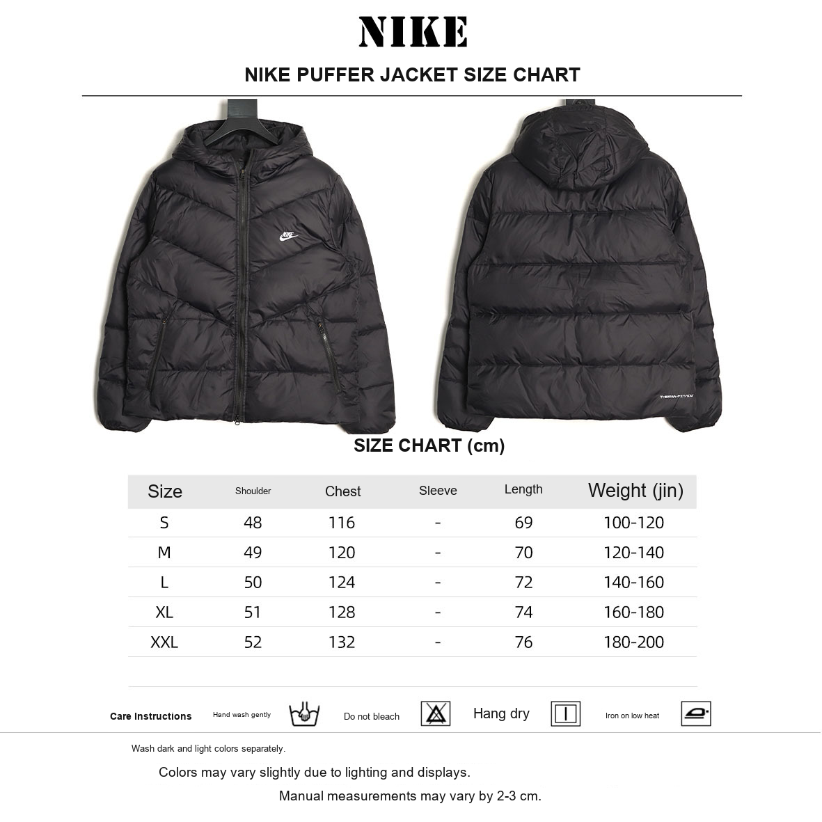 Nike Windrunner 2025 Lightweight Hooded Puffer Jacket – Black - size chart