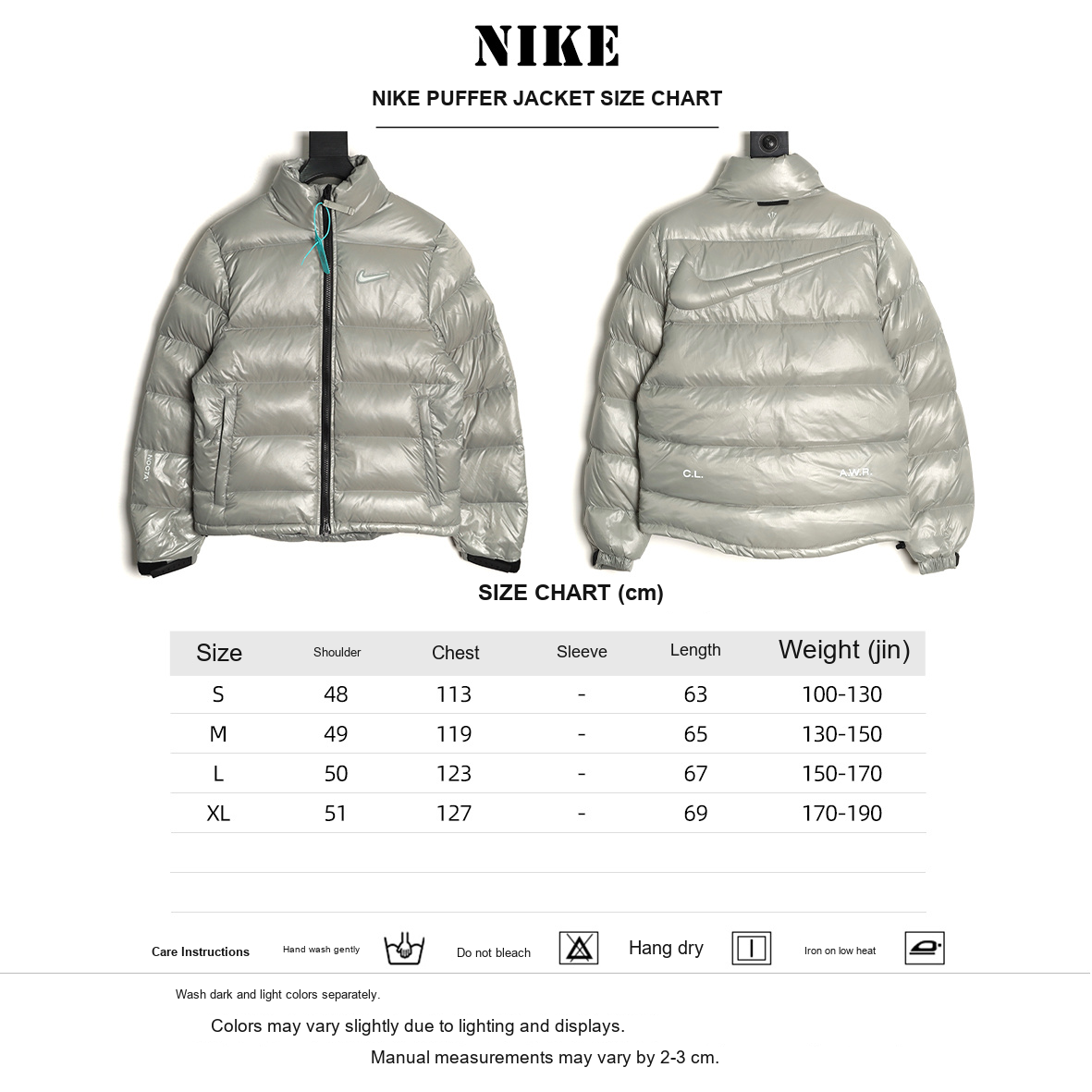 Nike x NOCTA Stand-Collar Puffer Jacket – Silver - size chart