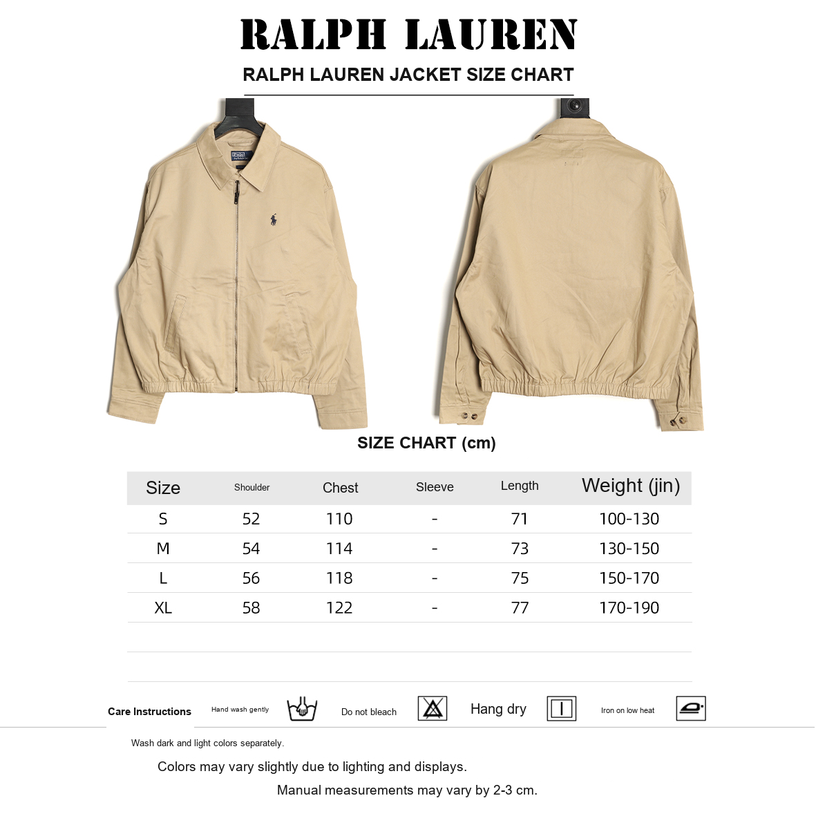 Ralph Lauren Pony Logo Zip Jacket – Tan - size chart