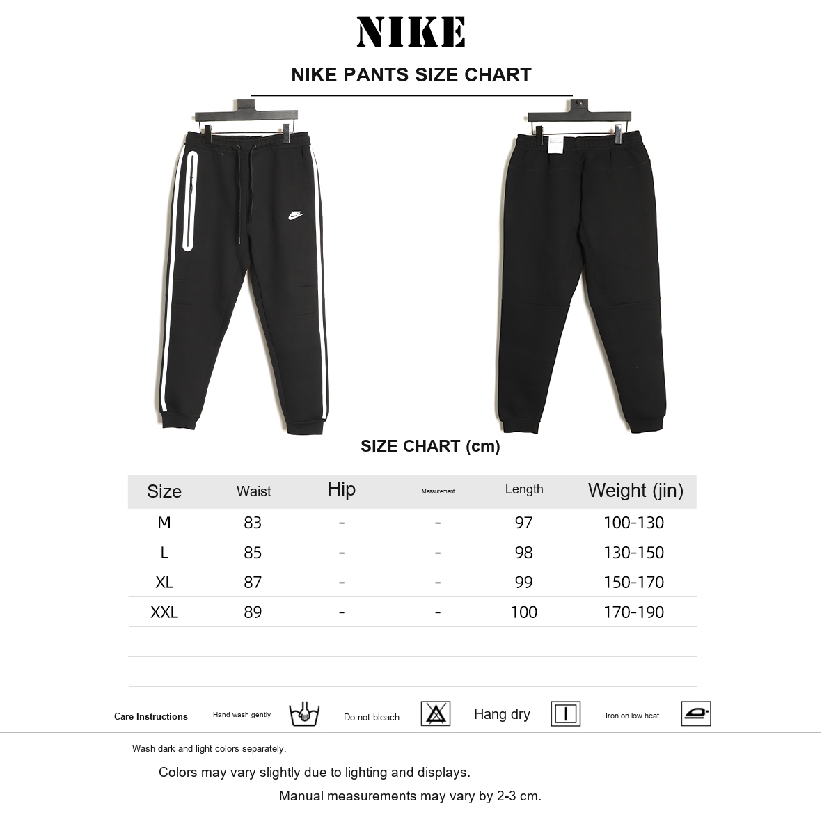 Nike Tech Fleece Windrunner Logo Pants – Black and White - size chart