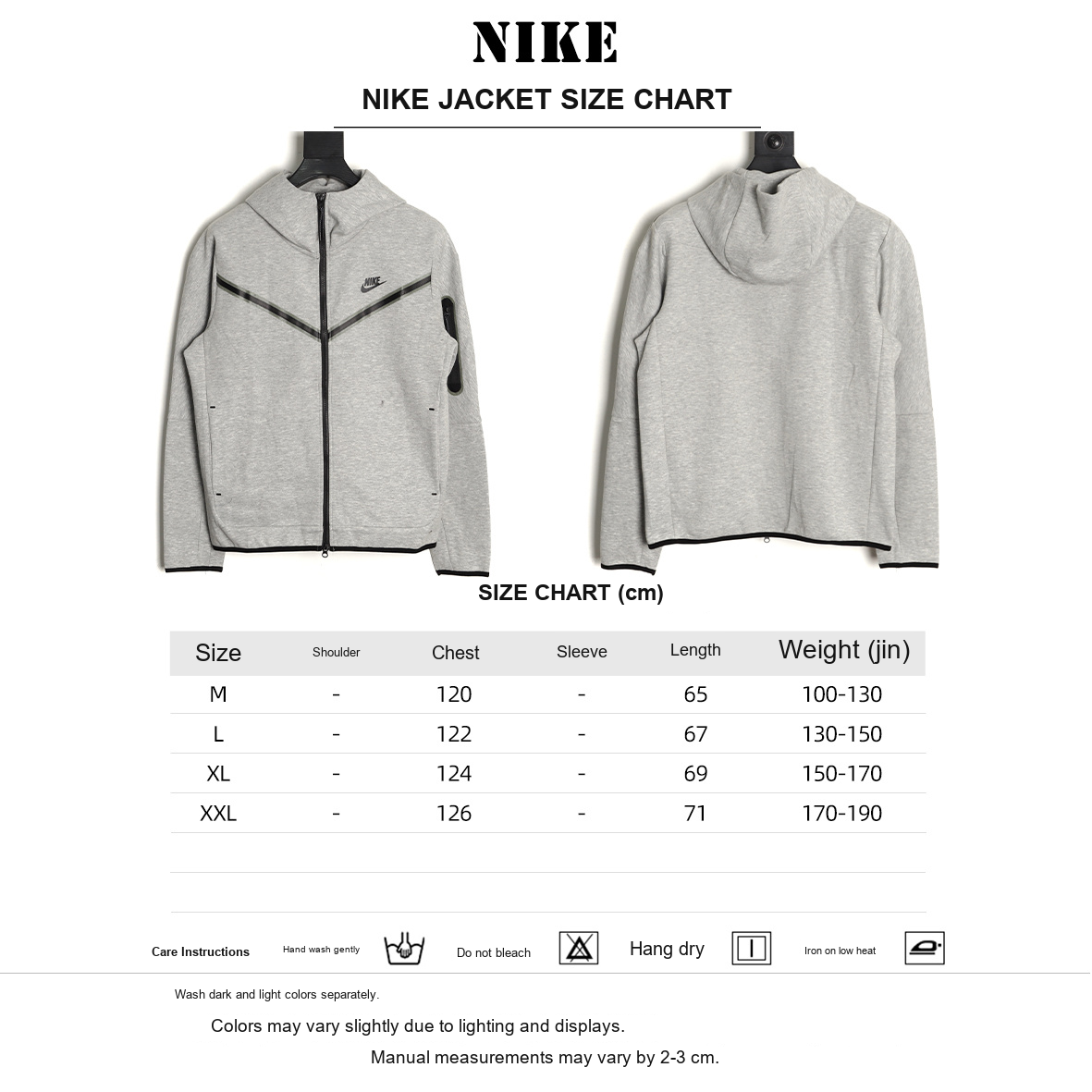 Nike Tech Fleece Windrunner Hooded Jacket – Gray and Black - size chart
