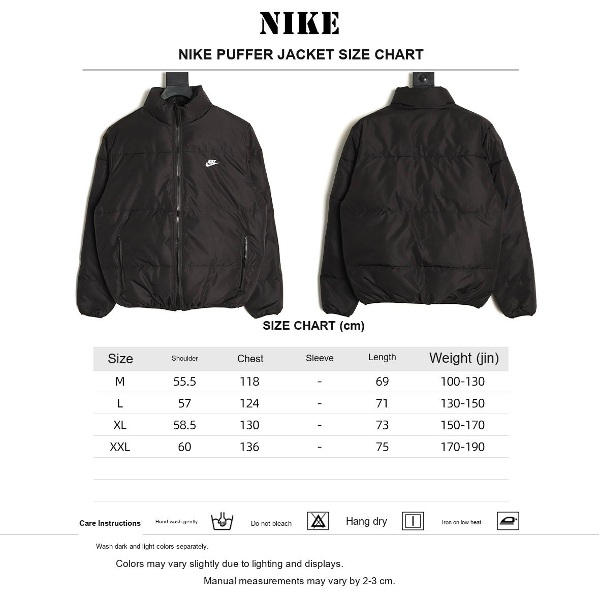 Nike Harrington Cropped Puffer Jacket – Black - size chart