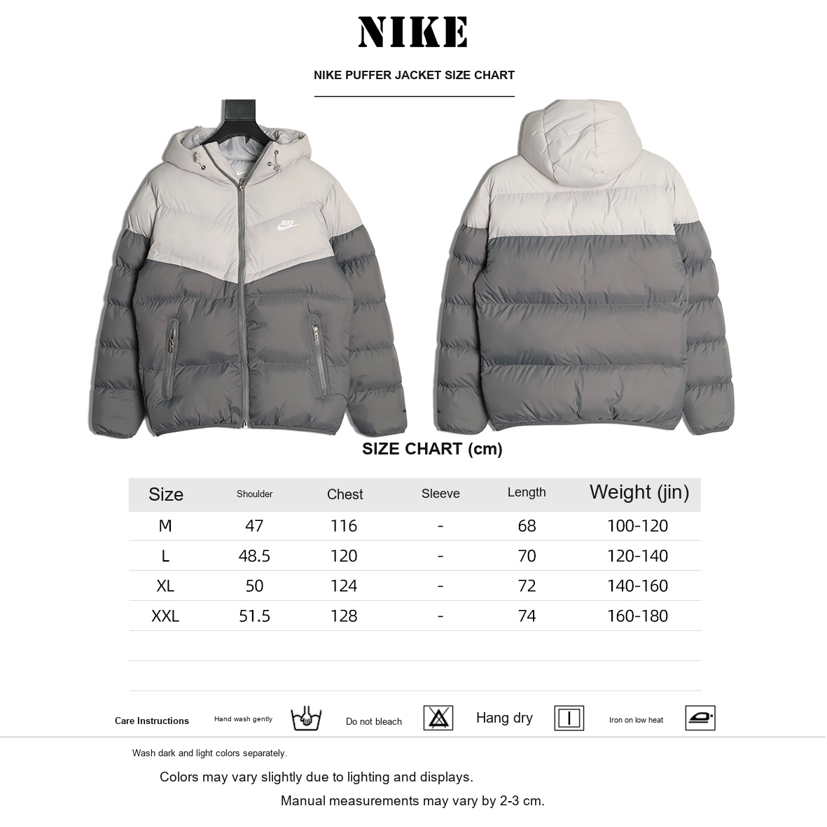Nike Windrunner Hooded Puffer Jacket – White and Gray - size chart