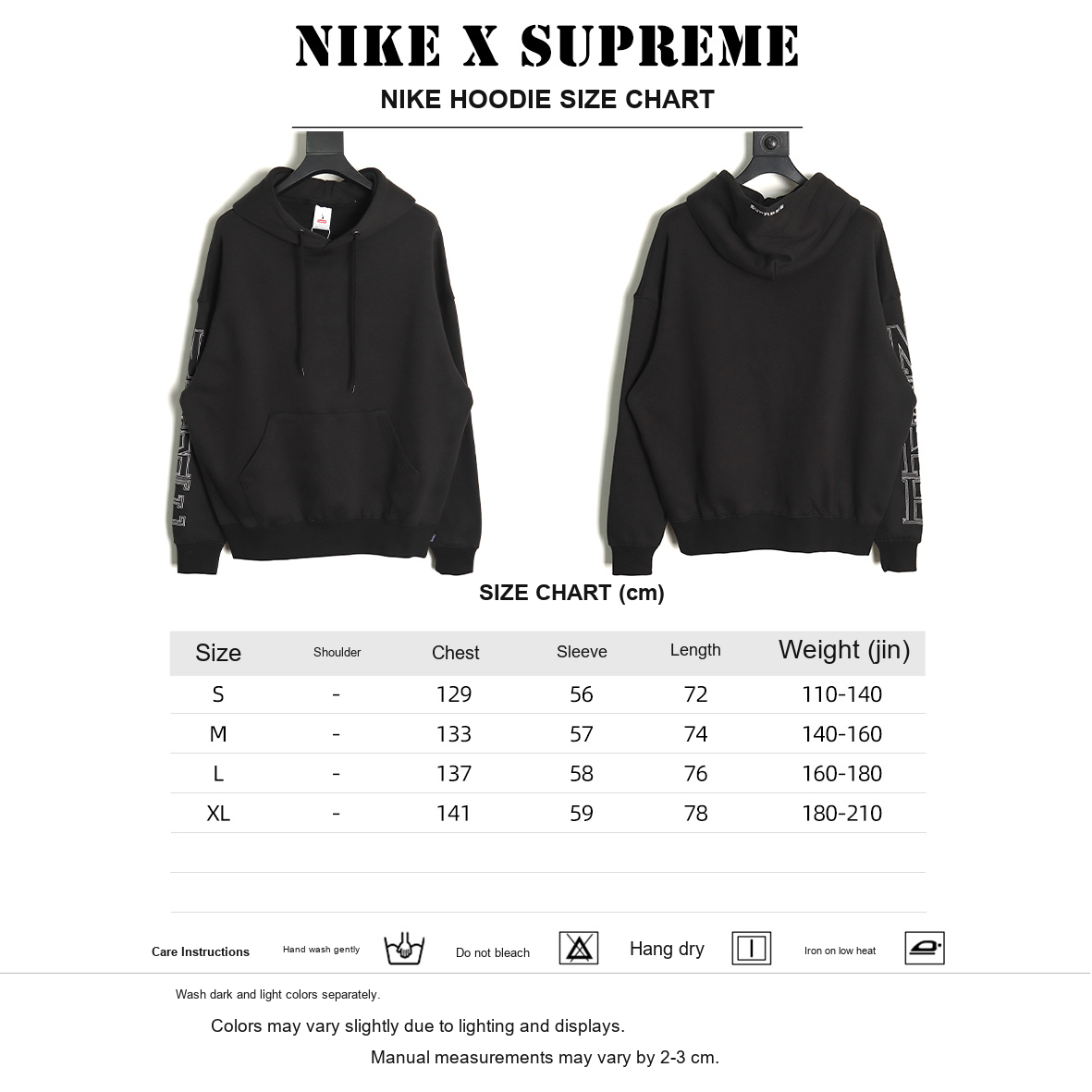 Nike x Supreme Sleeve-Embroidered Hoodie – Black - size chart