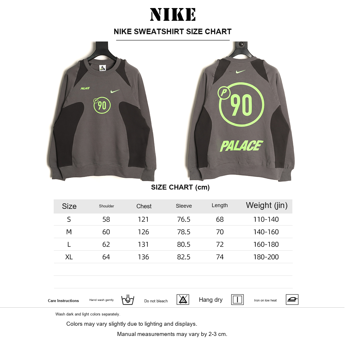 Nike x Palace P90 Graphic Sweatshirt – Charcoal and Gray - size chart