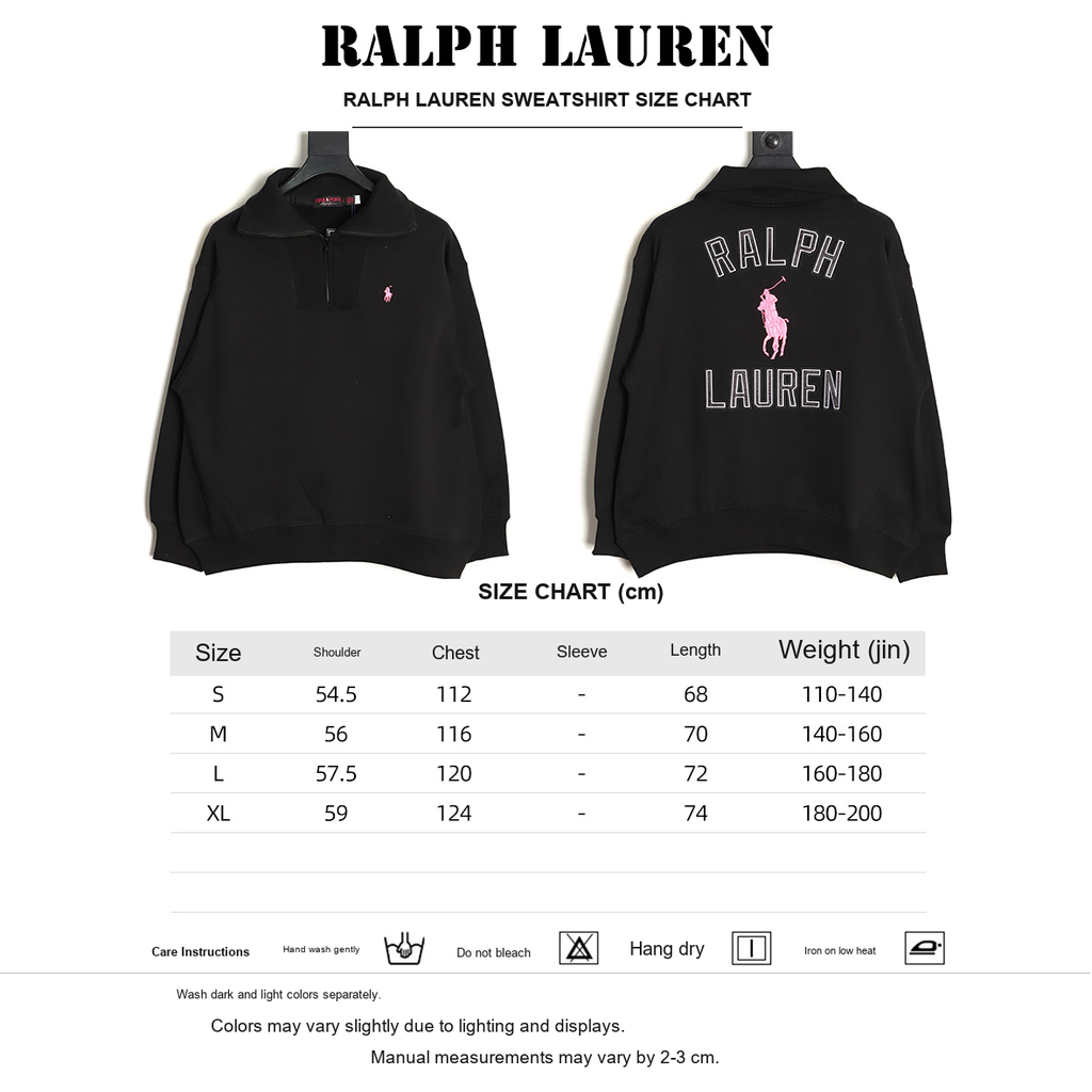 Ralph Lauren Pink Logo Half-Zip Sweatshirt – Black - size chart