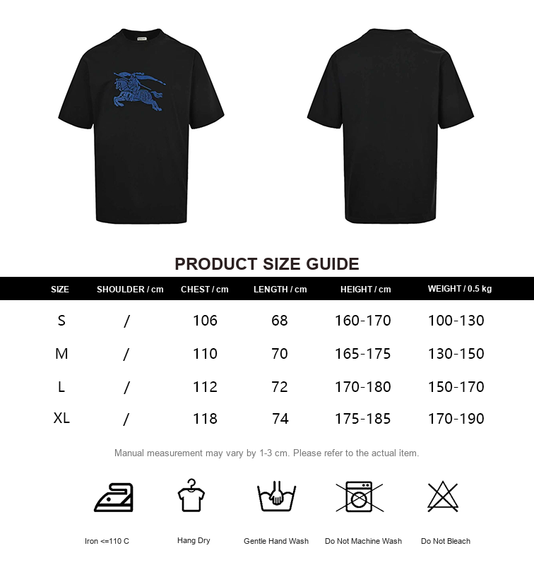 Burberry Blue Equestrian Embroidered T-Shirt - size chart