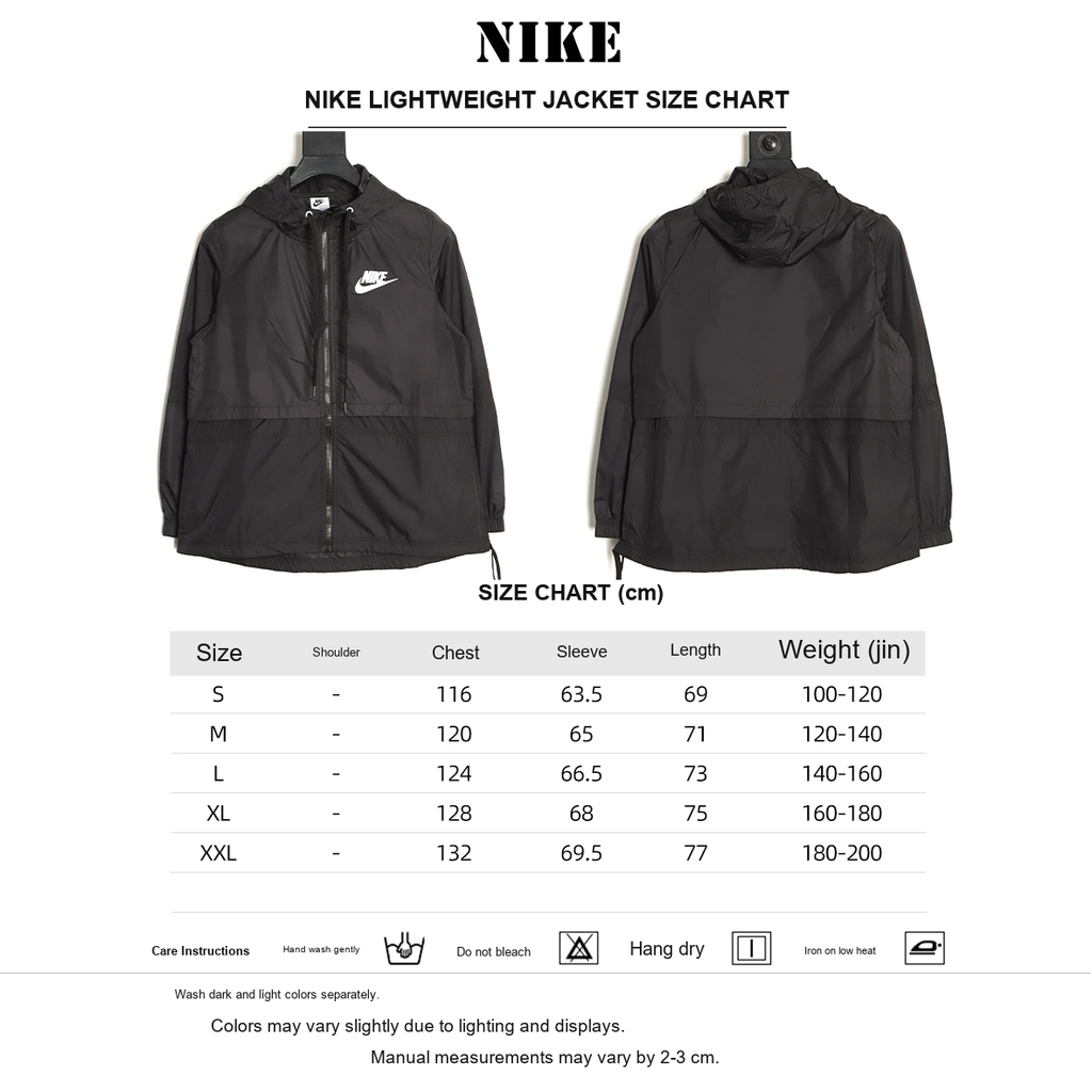 Nike Lightweight Outdoor Hooded Jacket – Black - size chart