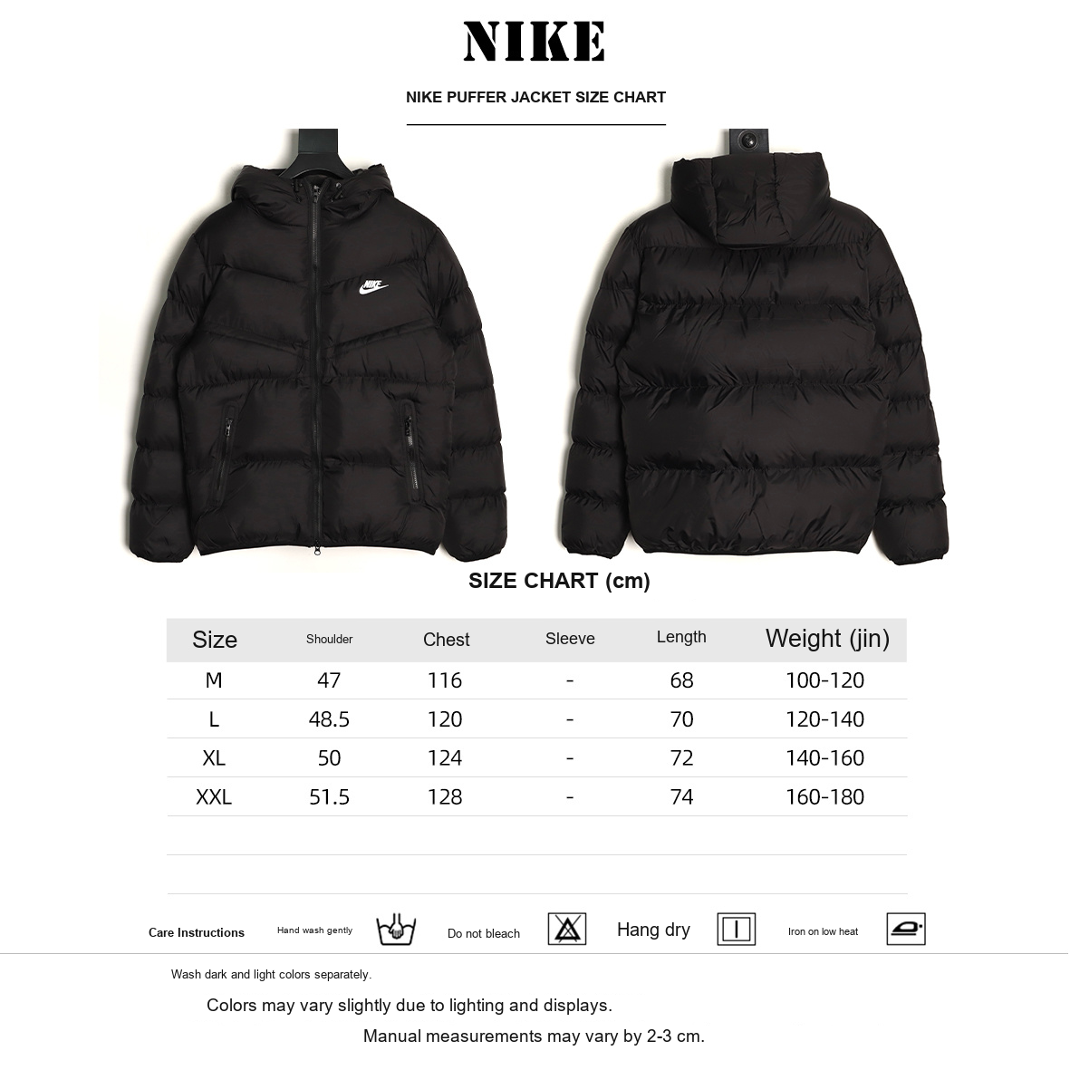 Nike Windrunner Hooded Puffer Jacket – Black - size chart