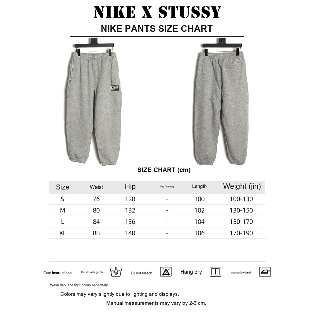 Nike x Stussy 23SS Embroidered Fleece Sweatpants – Gray - size chart