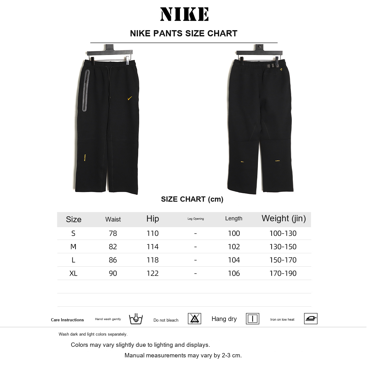 Nike x NOCTA Tech Fleece Logo Pants – Black and Gold - size chart