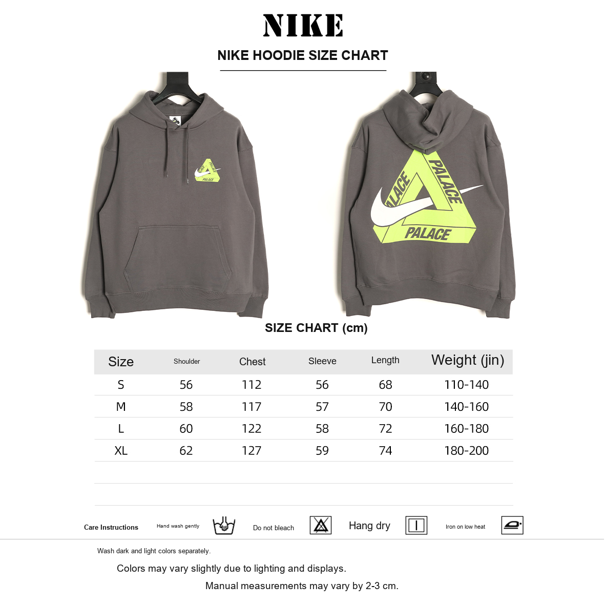 Nike x Palace Logo Hoodie – Charcoal - size chart