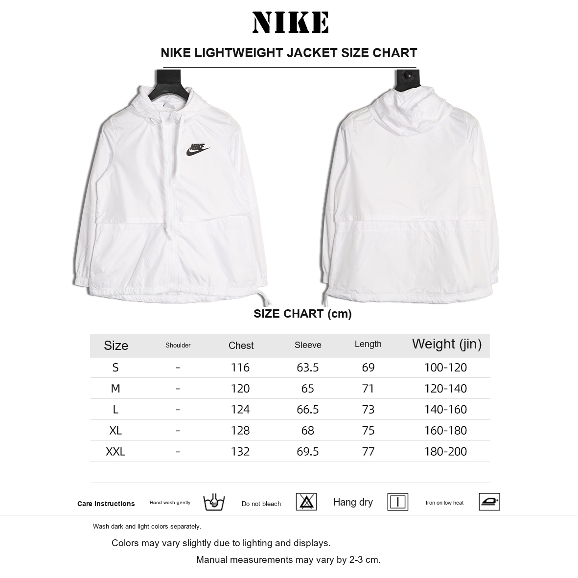 Nike Lightweight Outdoor Hooded Jacket – White - size chart
