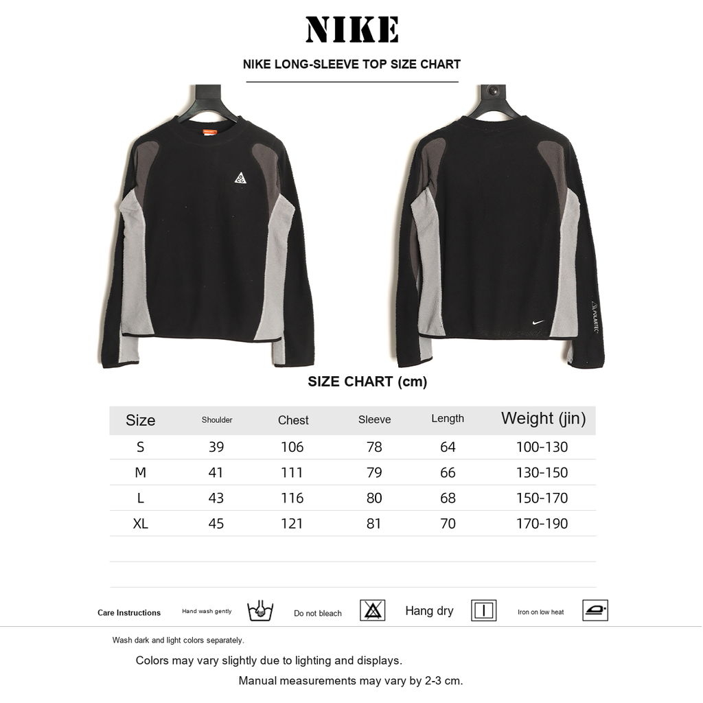 Nike ACG Contrast-Panel Long-Sleeve Top – Black and Gray - size chart