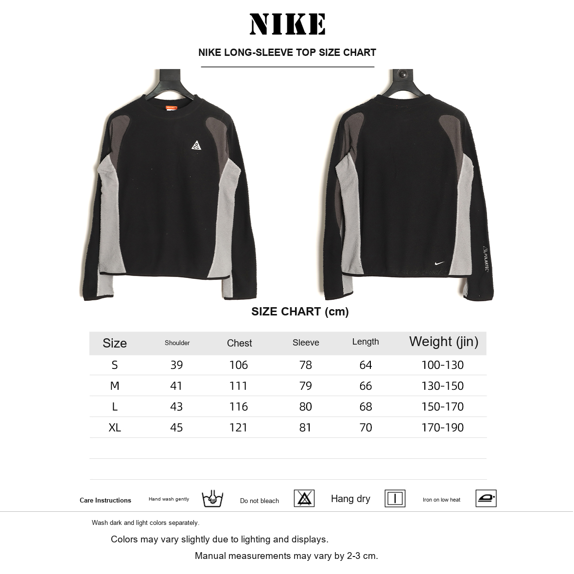 Nike ACG Contrast-Panel Long-Sleeve Top – Black and Gray - size chart
