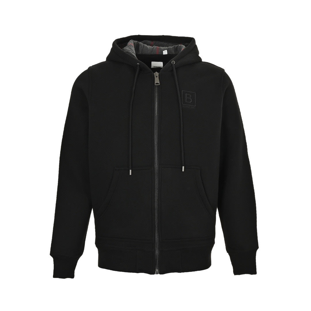Burberry B-Logo Check-Lined Zip Hoodie - front view